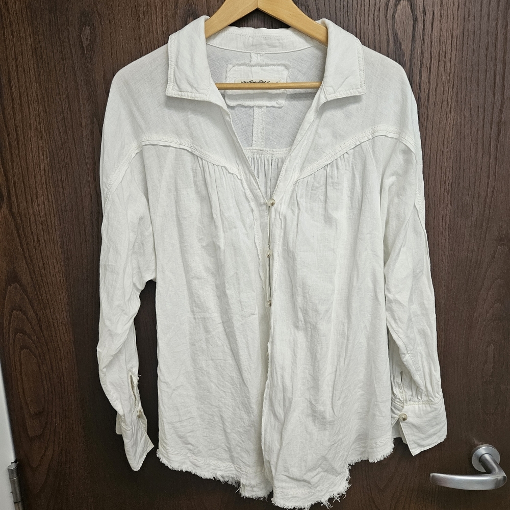 We The Free White Linen/Viscose Button Down Collared Shirt | Size XS